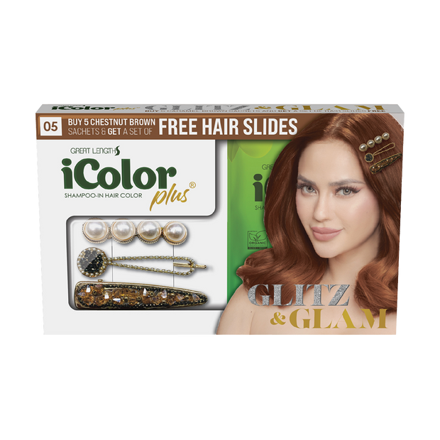 [Glitz & Glam Promo Pack] iColor Plus Shampoo-In Hair Color 30mL Per Sachet (5 Sachets + FREE Hair Slides)
